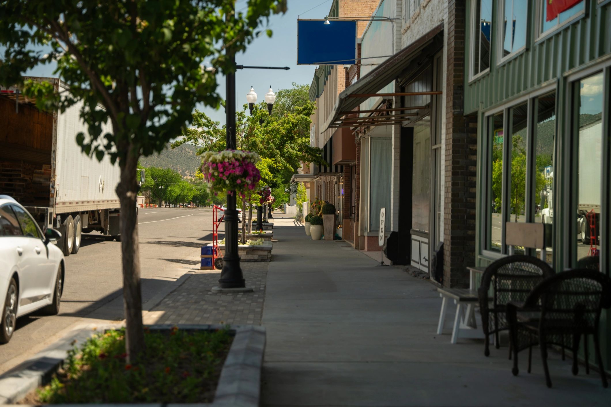 Quiet small-town storefront street view